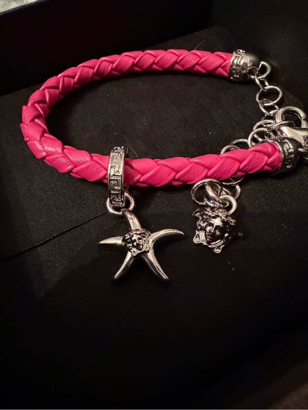NIB Versace Pink Braided Leather Charm Bracelet with Silver-Tone Medusa Charms